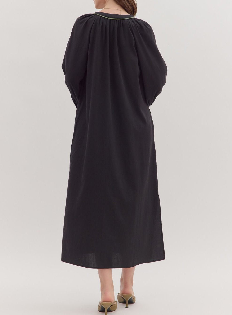 BLACK FLORAL EMBROIDERY CONTRAST TRIM LONG SLEEVE MAXI DRESS