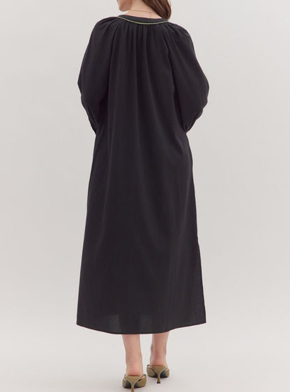 BLACK FLORAL EMBROIDERY CONTRAST TRIM LONG SLEEVE MAXI DRESS