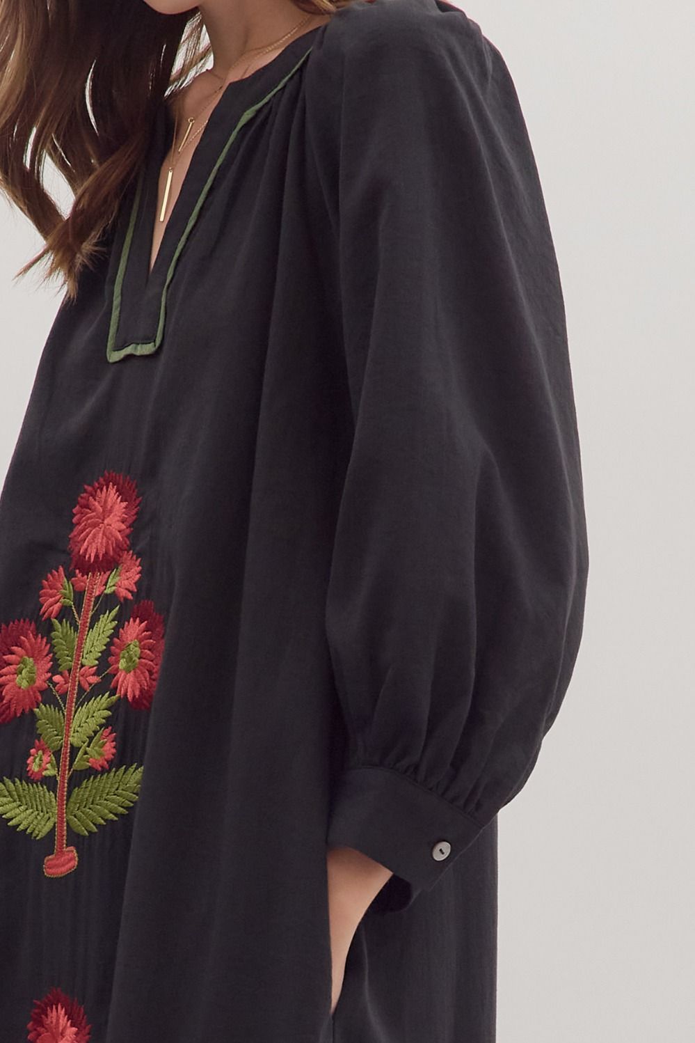 BLACK FLORAL EMBROIDERY CONTRAST TRIM LONG SLEEVE MAXI DRESS