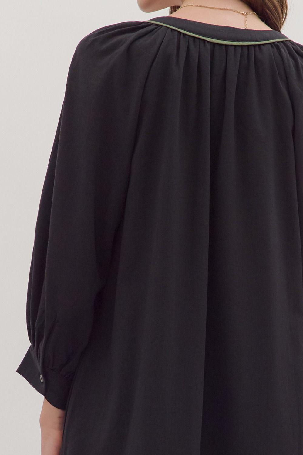 BLACK FLORAL EMBROIDERY CONTRAST TRIM LONG SLEEVE MAXI DRESS