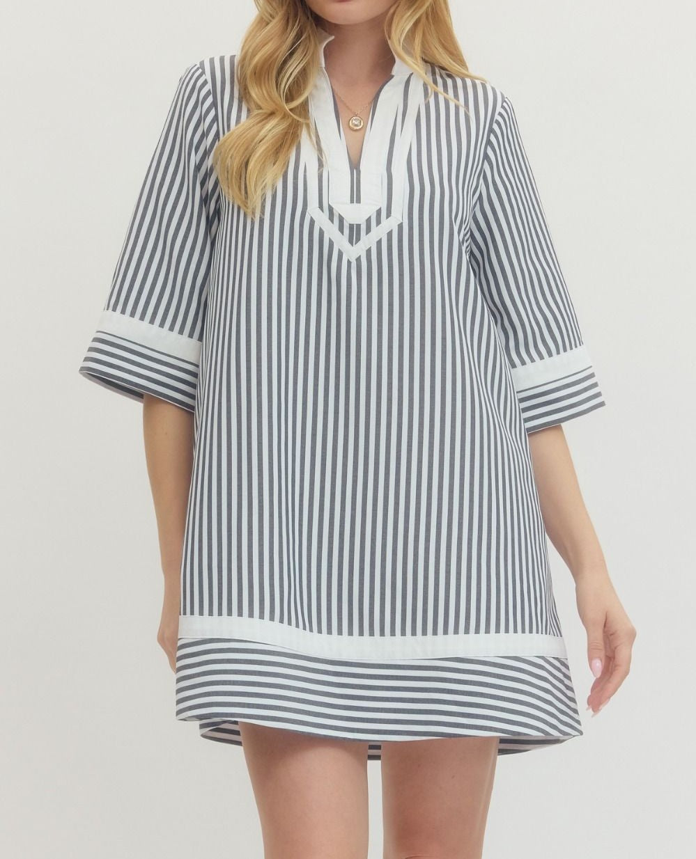 BLACK STRIPED &amp; CONTRAST TRIM HALF SLEEVE MINI DRESS