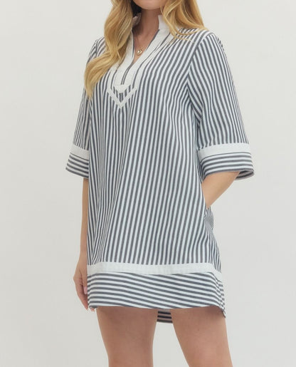 BLACK STRIPED &amp; CONTRAST TRIM HALF SLEEVE MINI DRESS
