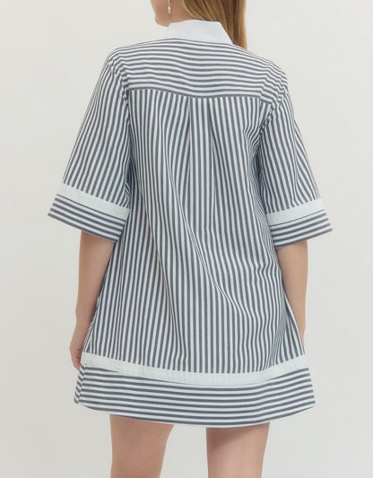 BLACK STRIPED &amp; CONTRAST TRIM HALF SLEEVE MINI DRESS