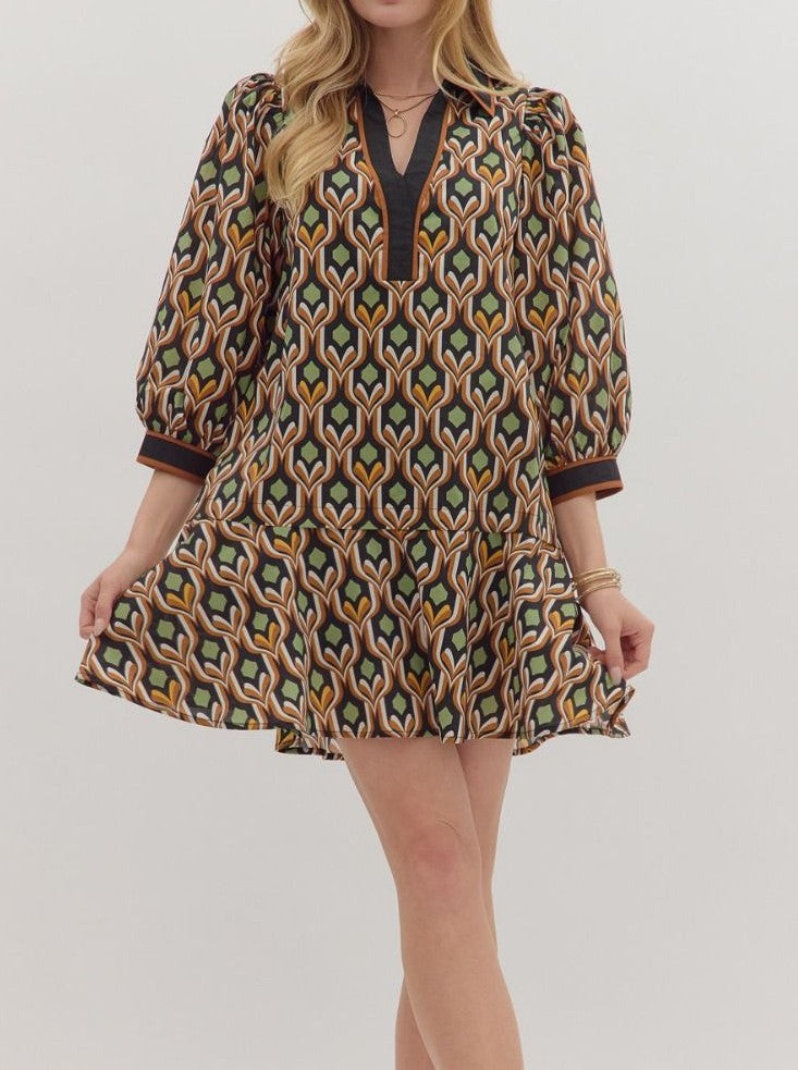 BLACK MULTI GEOMETRIC PRINT LONG PUFF SLEEVE MINI DRESS