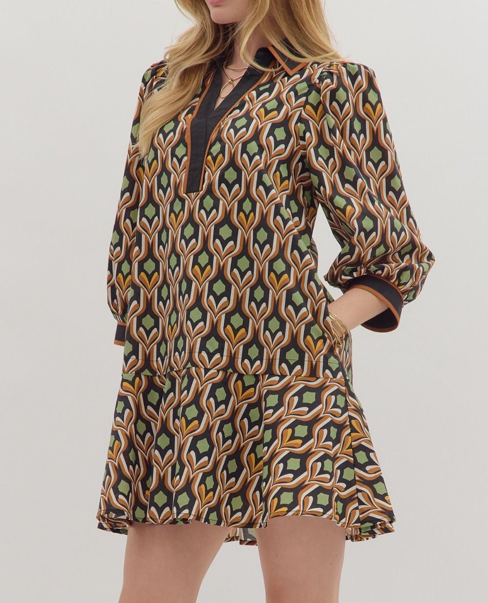 BLACK MULTI GEOMETRIC PRINT LONG PUFF SLEEVE MINI DRESS