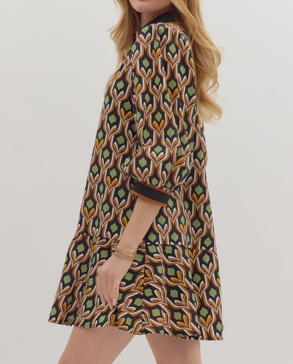 BLACK MULTI GEOMETRIC PRINT LONG PUFF SLEEVE MINI DRESS