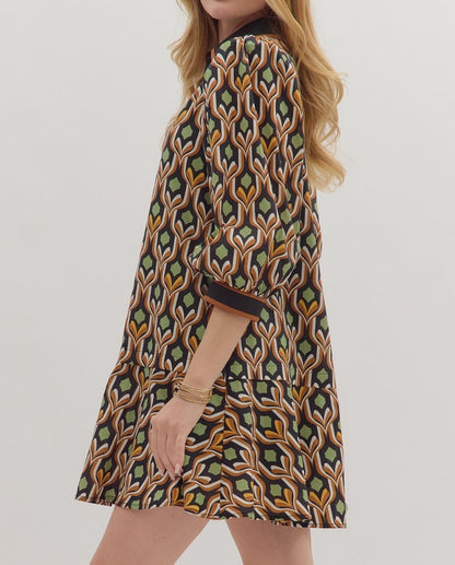 BLACK MULTI GEOMETRIC PRINT LONG PUFF SLEEVE MINI DRESS