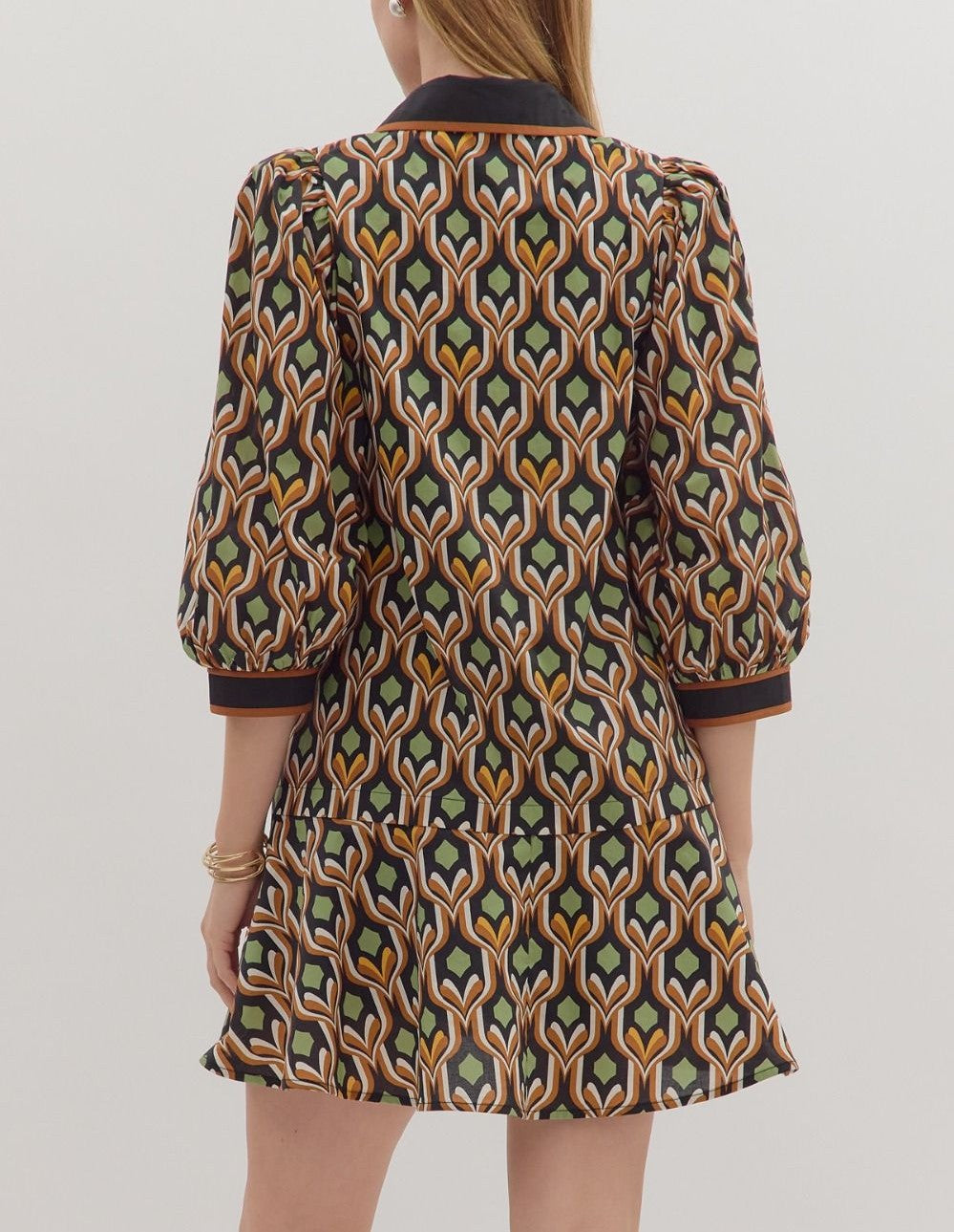 BLACK MULTI GEOMETRIC PRINT LONG PUFF SLEEVE MINI DRESS