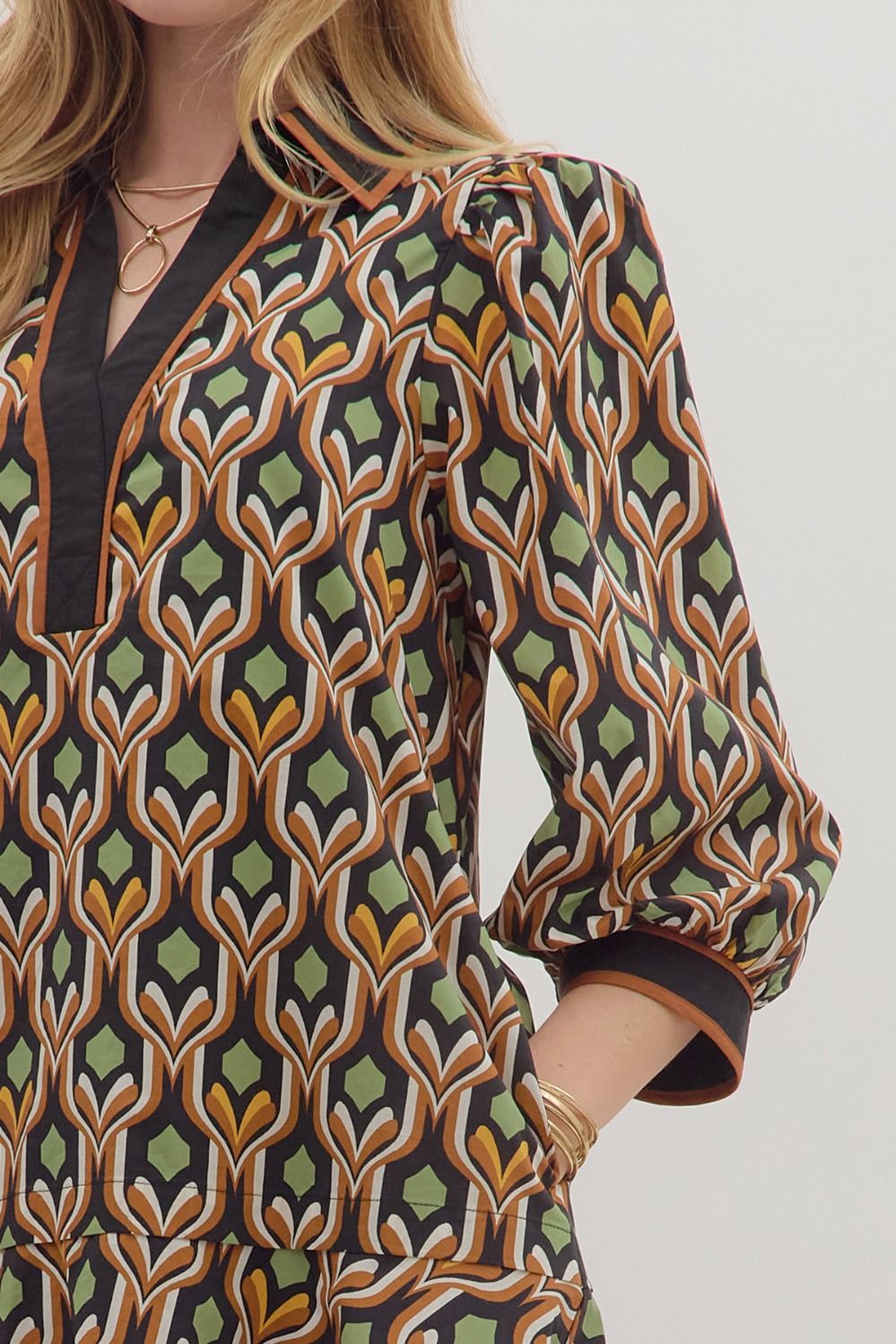 BLACK MULTI GEOMETRIC PRINT LONG PUFF SLEEVE MINI DRESS