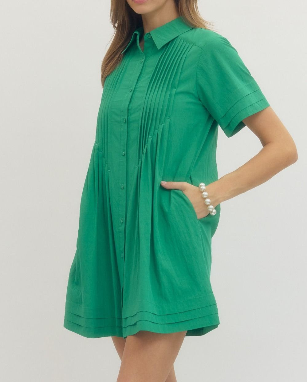 GREEN PINTUCK DETAIL SHORT SLEEVE BUTTON UP SHIRT MINI DRESS