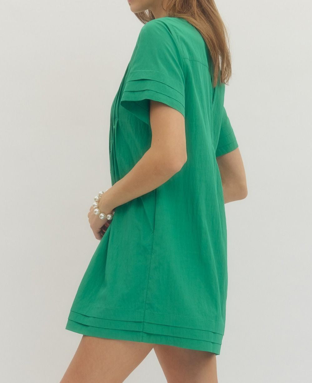 GREEN PINTUCK DETAIL SHORT SLEEVE BUTTON UP SHIRT MINI DRESS