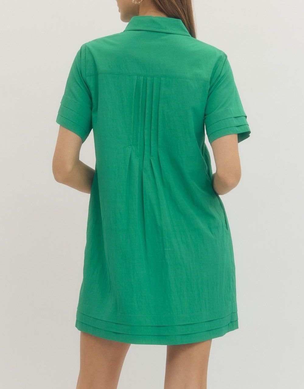 GREEN PINTUCK DETAIL SHORT SLEEVE BUTTON UP SHIRT MINI DRESS
