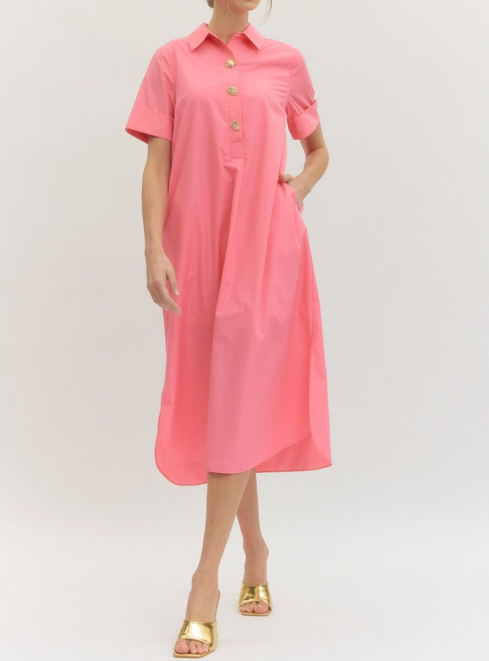 PINK COLLARED GOLD SNAP BUTTON MAXI DRESS