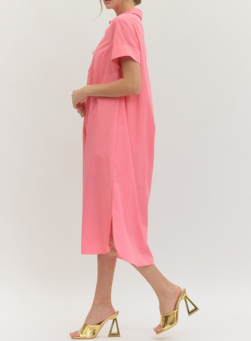 PINK COLLARED GOLD SNAP BUTTON MAXI DRESS