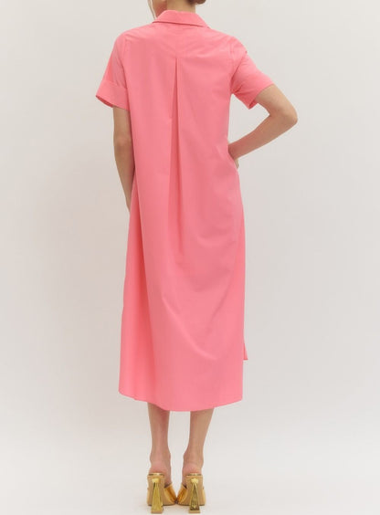 PINK COLLARED GOLD SNAP BUTTON MAXI DRESS