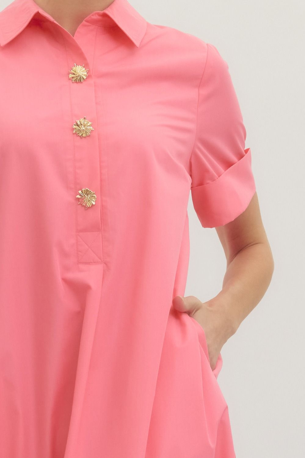 PINK COLLARED GOLD SNAP BUTTON MAXI DRESS
