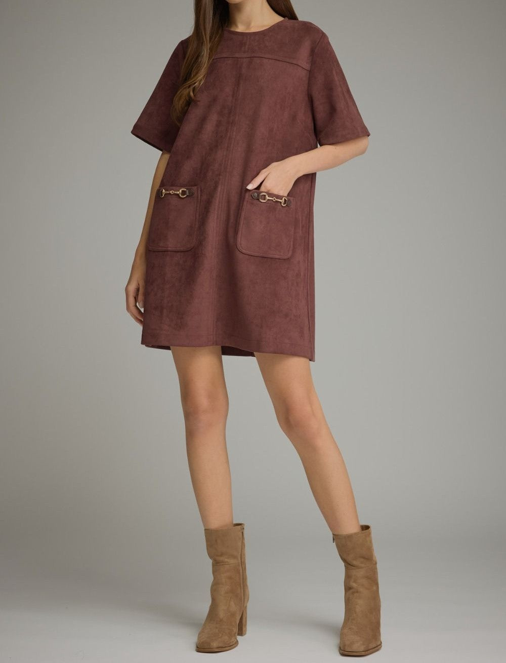 MERLOT SUEDE HORSE-BIT DETAIL PATCH POCKET SHORT SLEEVE MINI DRESS