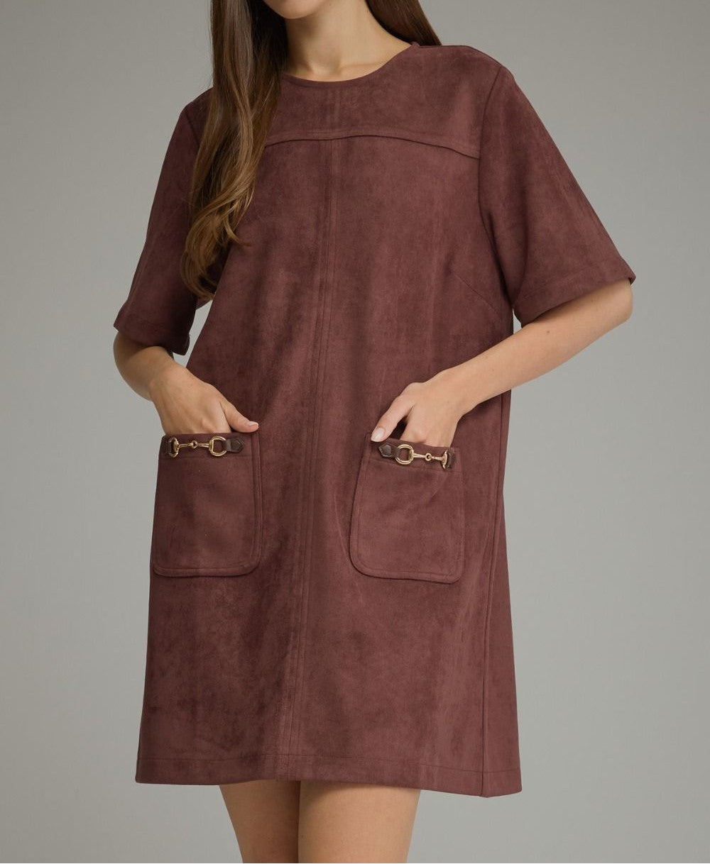 MERLOT SUEDE HORSE-BIT DETAIL PATCH POCKET SHORT SLEEVE MINI DRESS