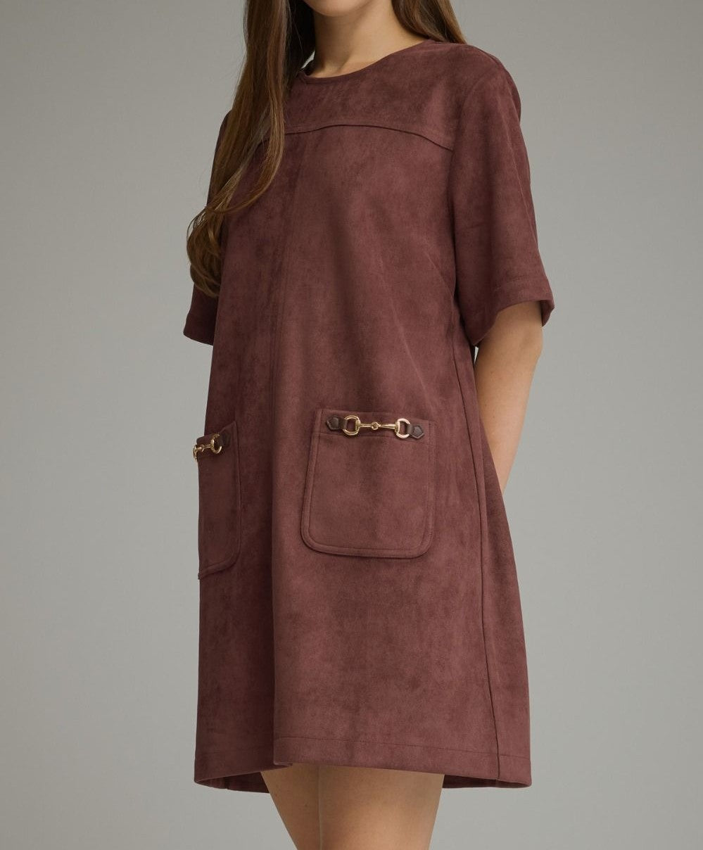 MERLOT SUEDE HORSE-BIT DETAIL PATCH POCKET SHORT SLEEVE MINI DRESS