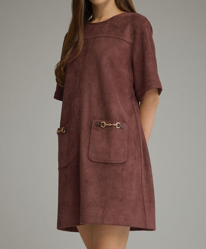 MERLOT SUEDE HORSE-BIT DETAIL PATCH POCKET SHORT SLEEVE MINI DRESS