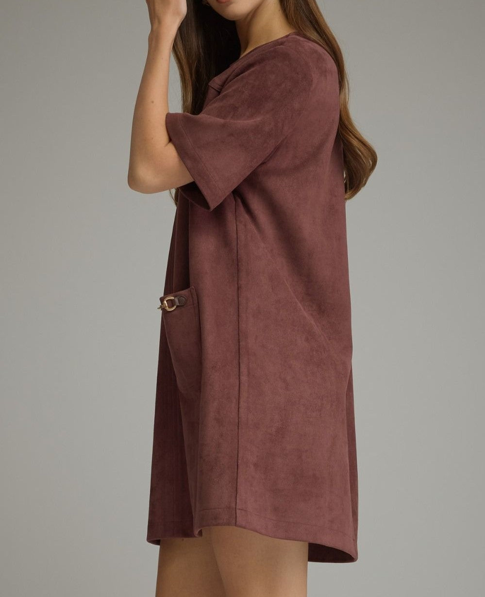 MERLOT SUEDE HORSE-BIT DETAIL PATCH POCKET SHORT SLEEVE MINI DRESS