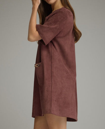 MERLOT SUEDE HORSE-BIT DETAIL PATCH POCKET SHORT SLEEVE MINI DRESS