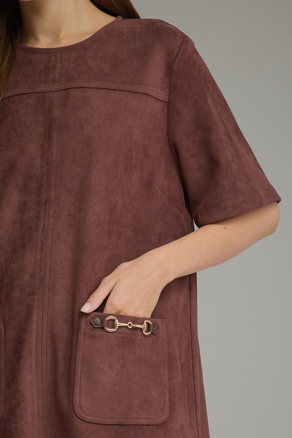 MERLOT SUEDE HORSE-BIT DETAIL PATCH POCKET SHORT SLEEVE MINI DRESS