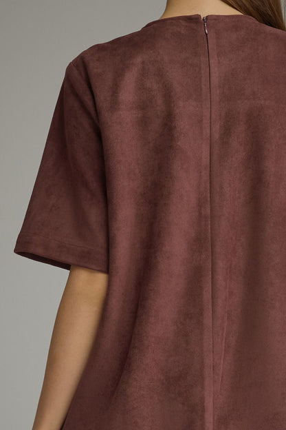 MERLOT SUEDE HORSE-BIT DETAIL PATCH POCKET SHORT SLEEVE MINI DRESS