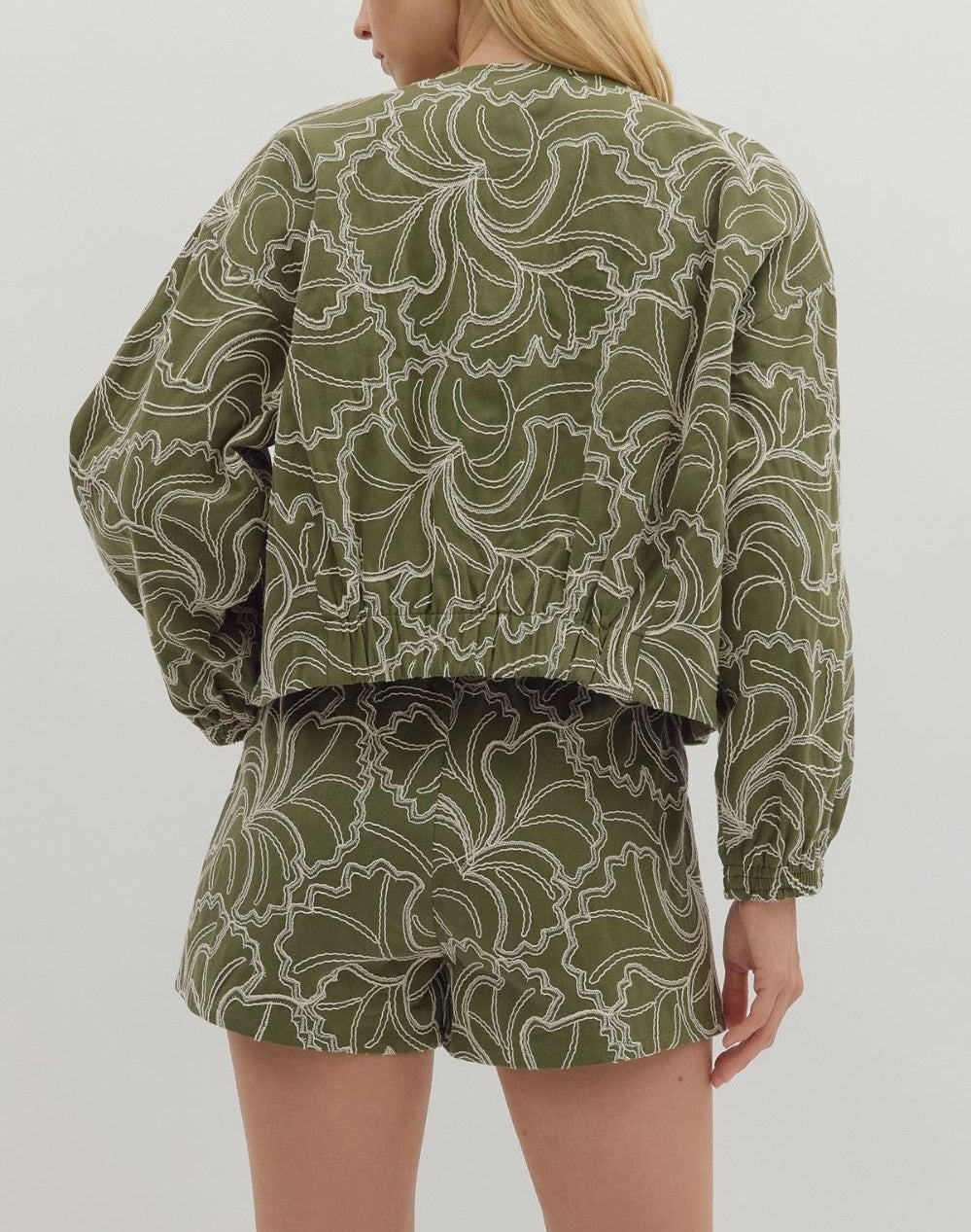 OLIVE TEXTURED FLORAL EMBROIDERY ZIP UP CROPPED JACKET