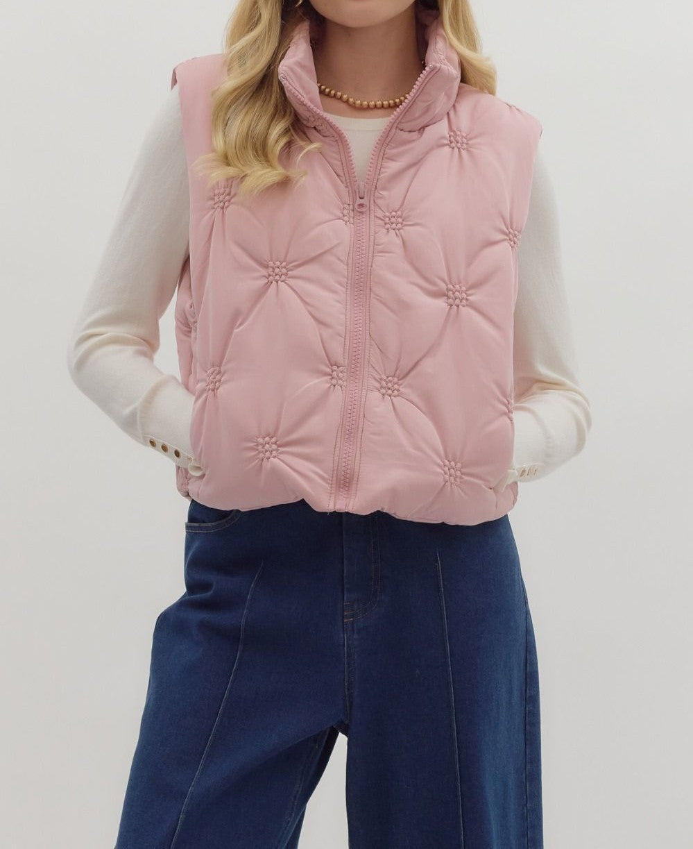 DUSTY ROSE SLEEVELESS ZIP-FRONT QUILTED PUFFER VEST