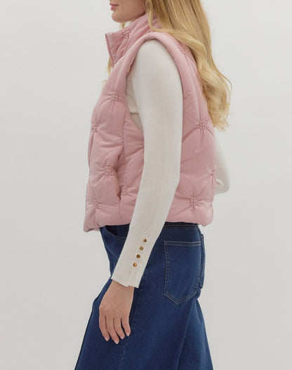 DUSTY ROSE SLEEVELESS ZIP-FRONT QUILTED PUFFER VEST
