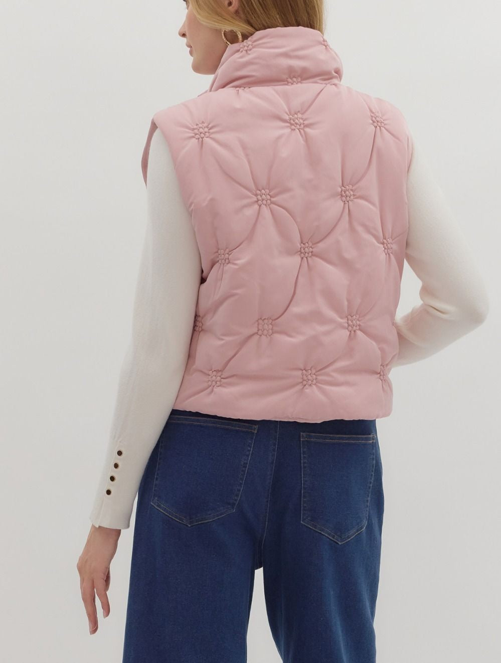 DUSTY ROSE SLEEVELESS ZIP-FRONT QUILTED PUFFER VEST