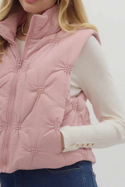 DUSTY ROSE SLEEVELESS ZIP-FRONT QUILTED PUFFER VEST