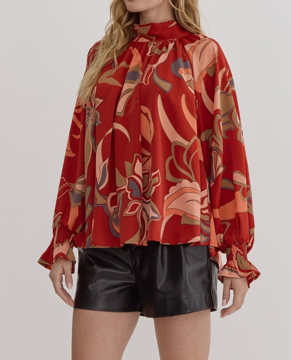 RUST PRINTED MOCK/TIE NECK FLOWY SLEEVE BLOUSE