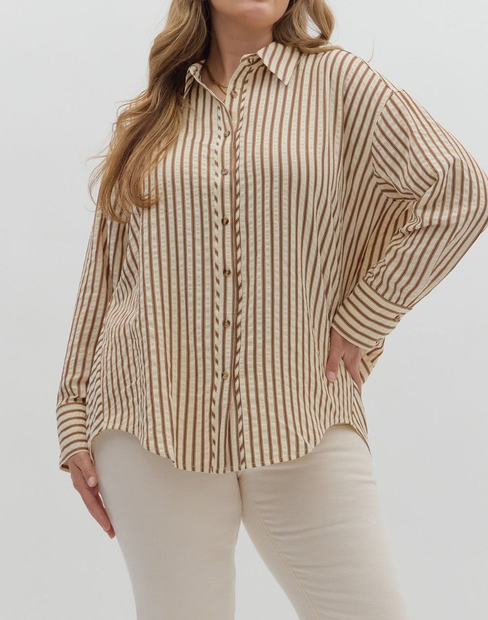 BROWN TEXTURED STRIPED PATTERN BUTTON UP LONG SLEEVE TOP