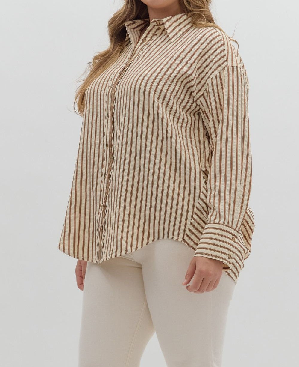 BROWN TEXTURED STRIPED PATTERN BUTTON UP LONG SLEEVE TOP