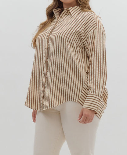 BROWN TEXTURED STRIPED PATTERN BUTTON UP LONG SLEEVE TOP