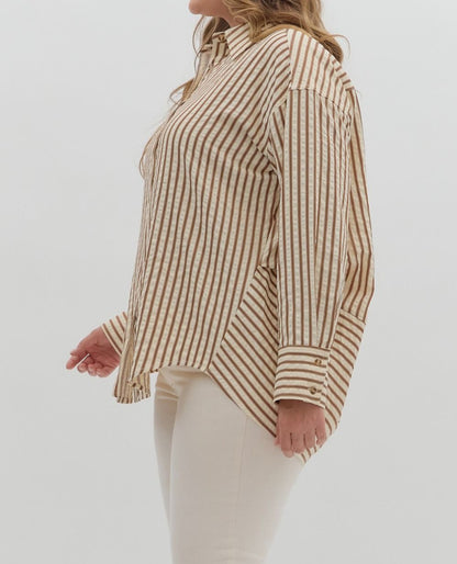 BROWN TEXTURED STRIPED PATTERN BUTTON UP LONG SLEEVE TOP