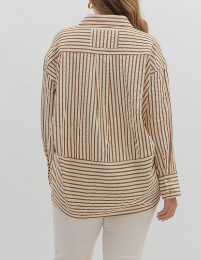 BROWN TEXTURED STRIPED PATTERN BUTTON UP LONG SLEEVE TOP