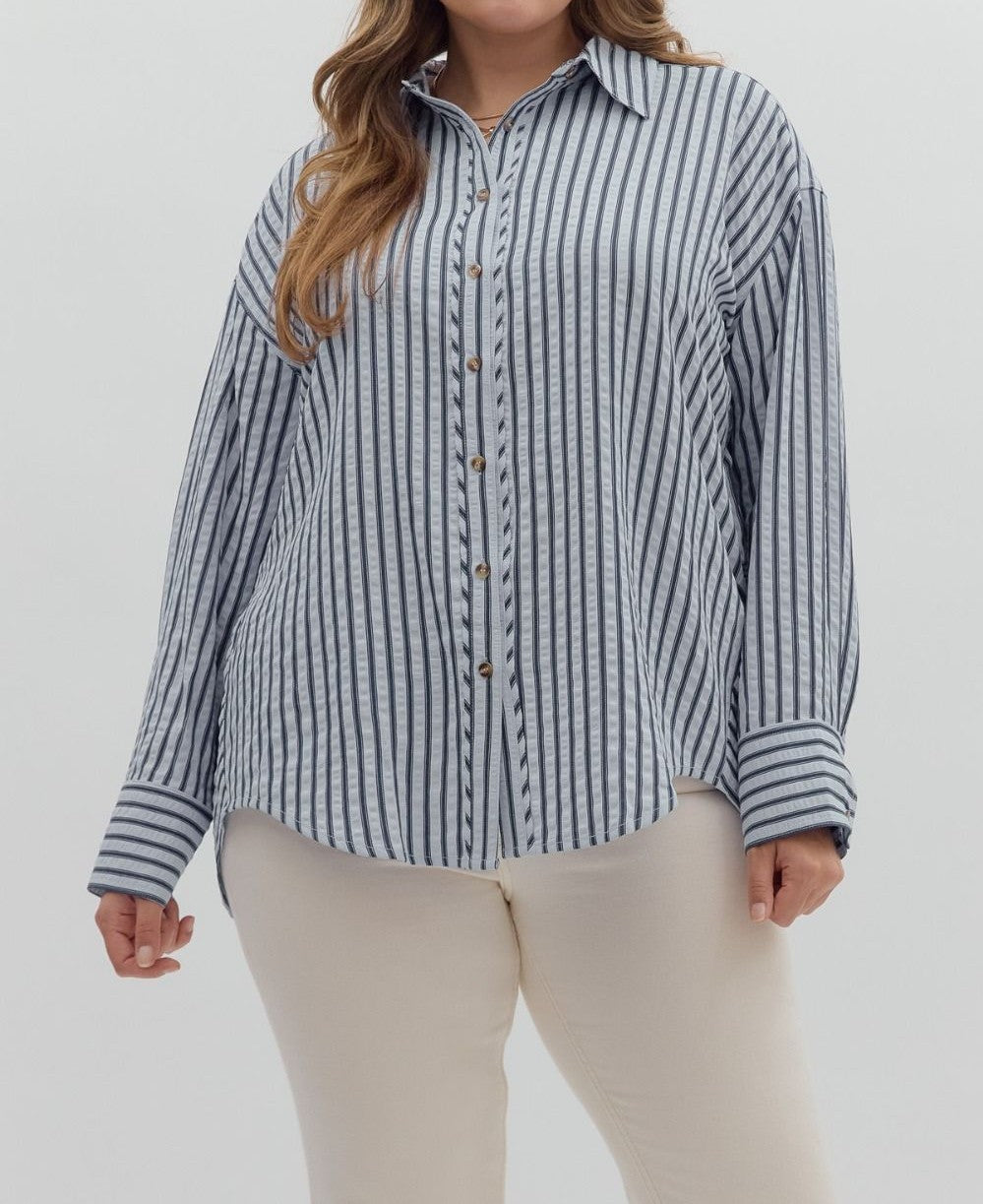 CHAMBRAY TEXTURED STRIPED PATTERN BUTTON UP LONG SLEEVE TOP