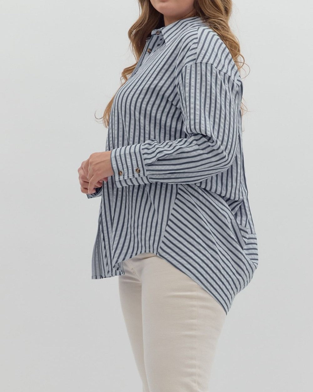CHAMBRAY TEXTURED STRIPED PATTERN BUTTON UP LONG SLEEVE TOP