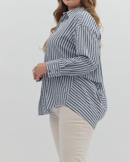 CHAMBRAY TEXTURED STRIPED PATTERN BUTTON UP LONG SLEEVE TOP