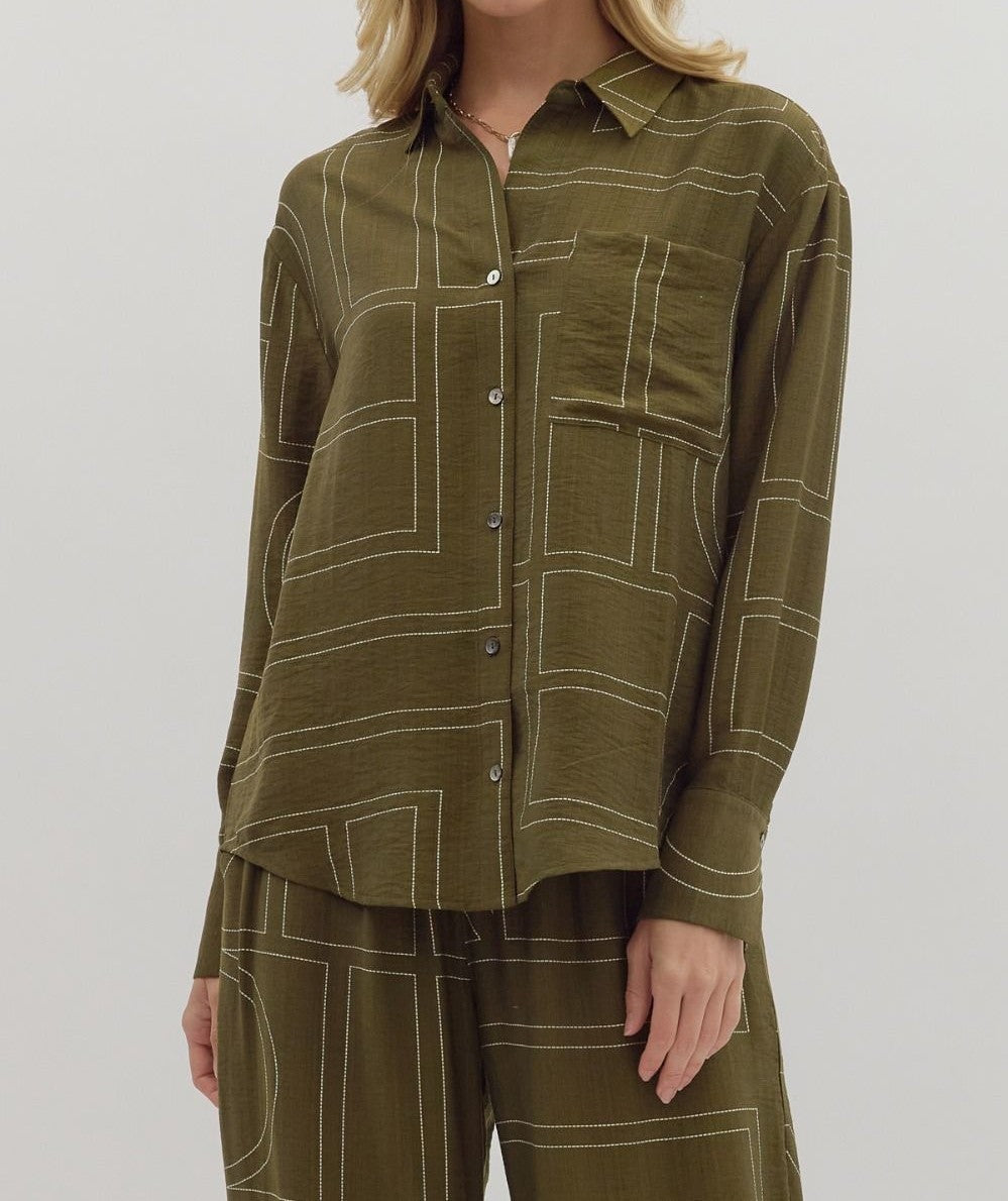 OLIVE ABSTRACT PATTERN BUTTON UP LONG SLEEVE TOP