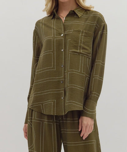 OLIVE ABSTRACT PATTERN BUTTON UP LONG SLEEVE TOP