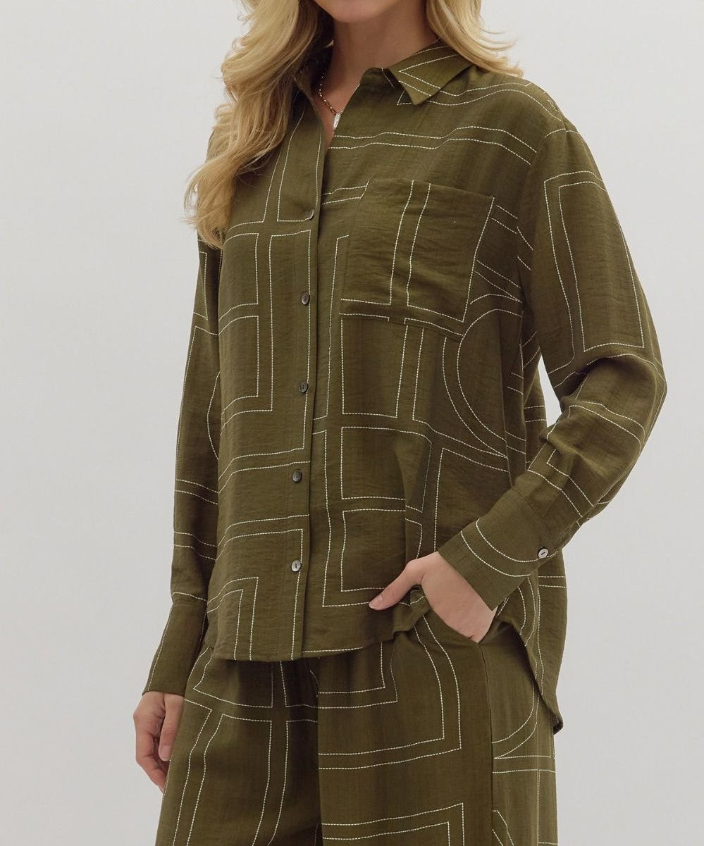 OLIVE ABSTRACT PATTERN BUTTON UP LONG SLEEVE TOP