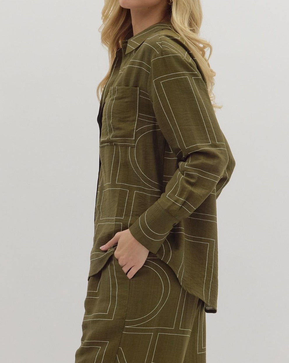 OLIVE ABSTRACT PATTERN BUTTON UP LONG SLEEVE TOP