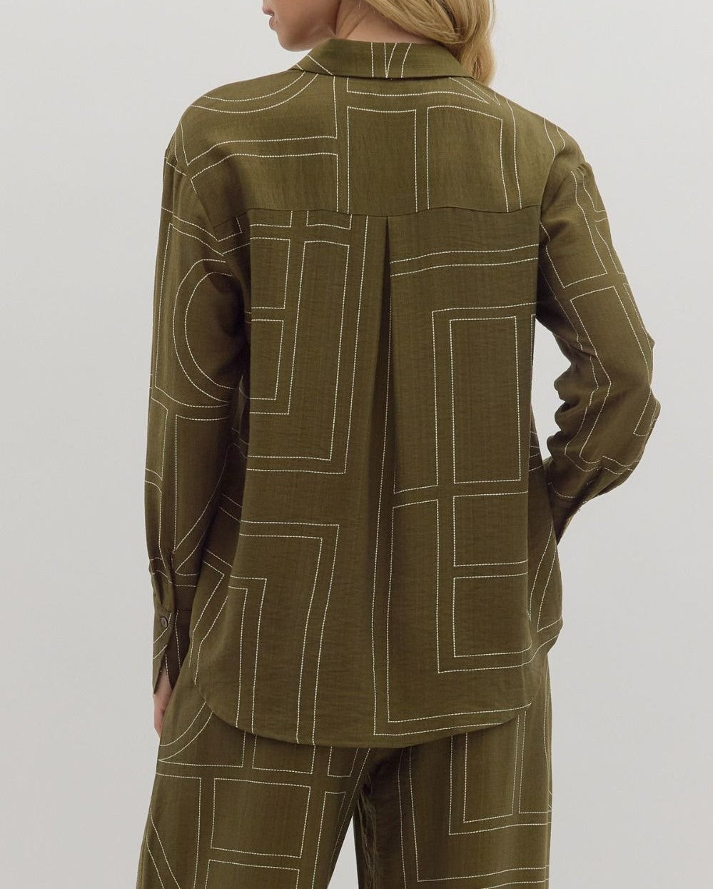 OLIVE ABSTRACT PATTERN BUTTON UP LONG SLEEVE TOP