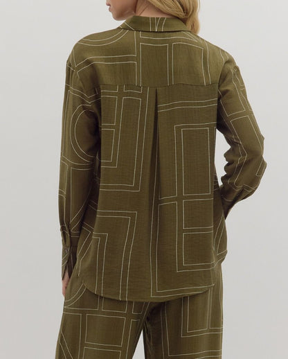 OLIVE ABSTRACT PATTERN BUTTON UP LONG SLEEVE TOP