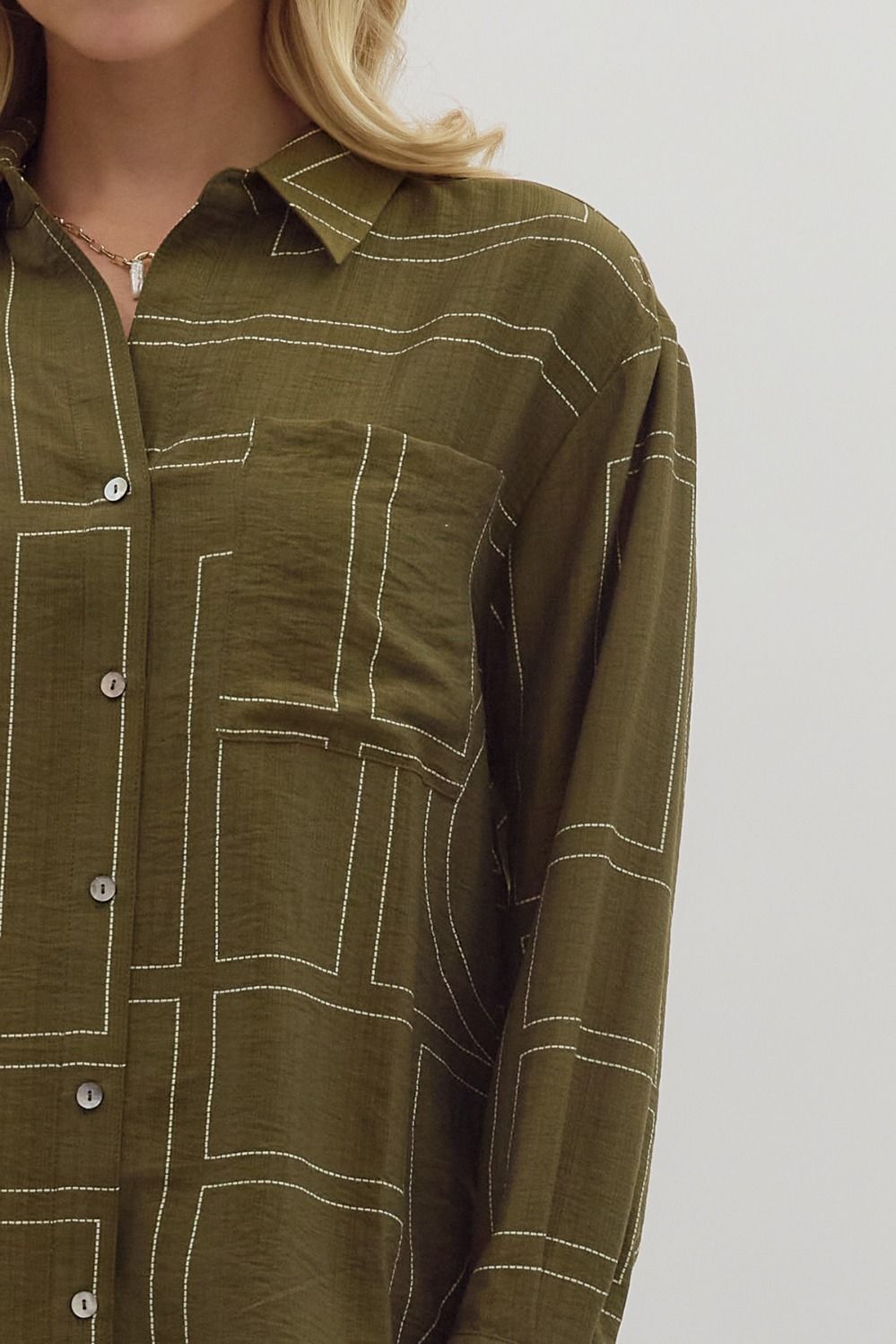 OLIVE ABSTRACT PATTERN BUTTON UP LONG SLEEVE TOP