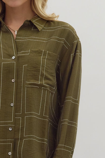 OLIVE ABSTRACT PATTERN BUTTON UP LONG SLEEVE TOP